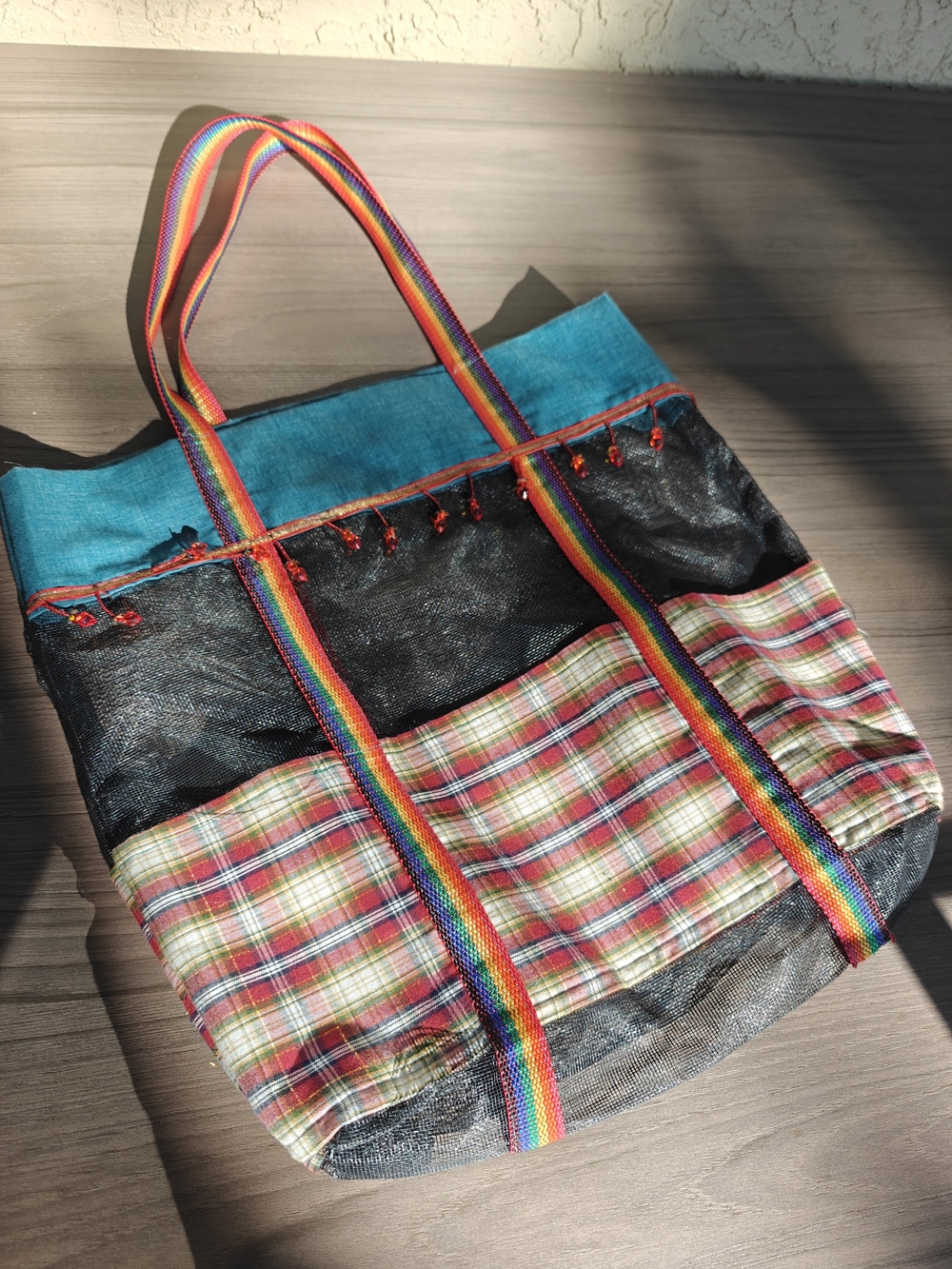 Colorful Plaid & Rainbow Strap Tote Bag - Turquoise, Black, Red